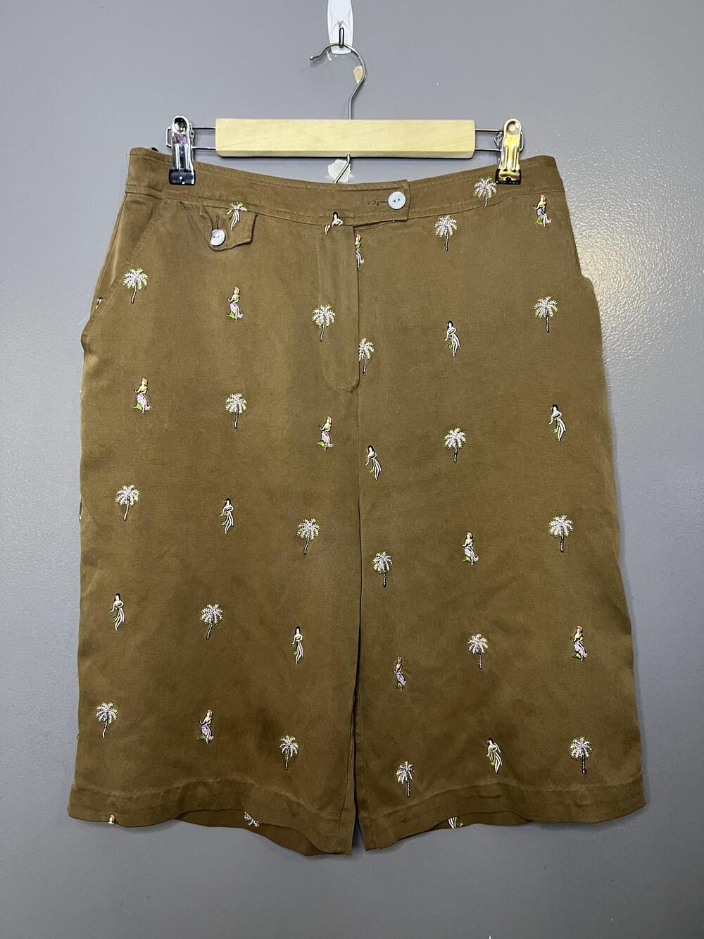 Vintage Bobby Chan Bermuda Shorts Womens 10 Brown Silk Palm Hawaiian Embroidered